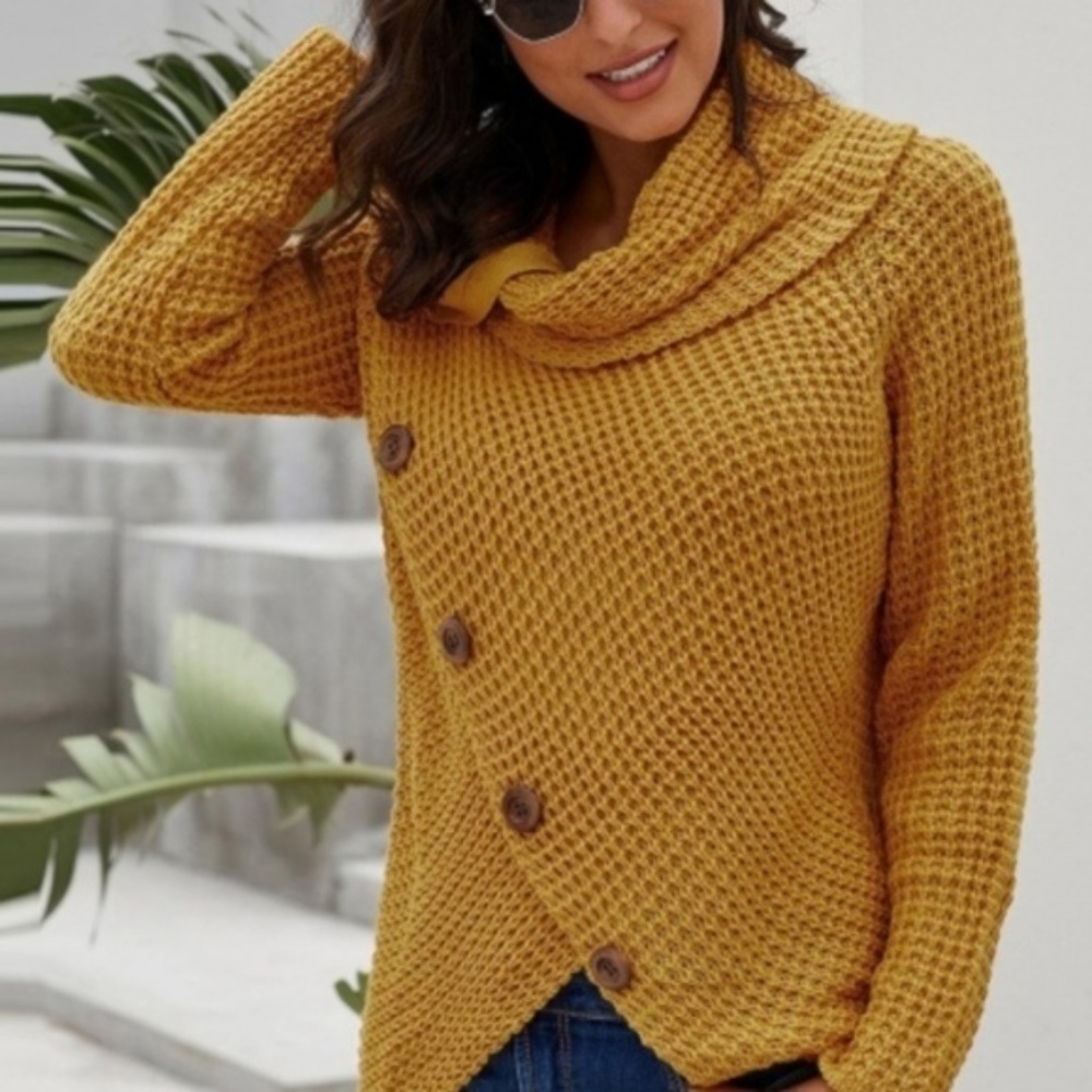 Mustard Button Wrap Turtleneck Sweater - Picture 3 of 3